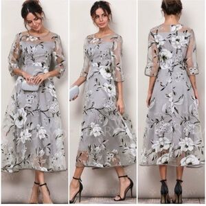 FLORYDAY Gray Floral Organza Dress 3/4 sleeves midi A-line silhouette 2XL